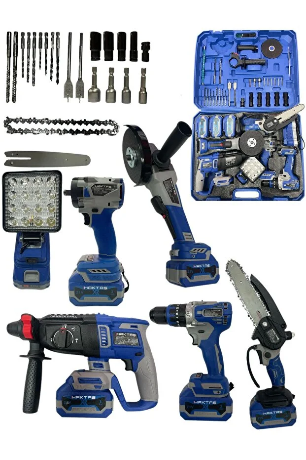 Yeni Nesil 6'lı Akülü Şarjlı Set–Matkap, Darbeli Kırıcı, Taşlama, Somun Sıkma, Zincirli Testere, LED